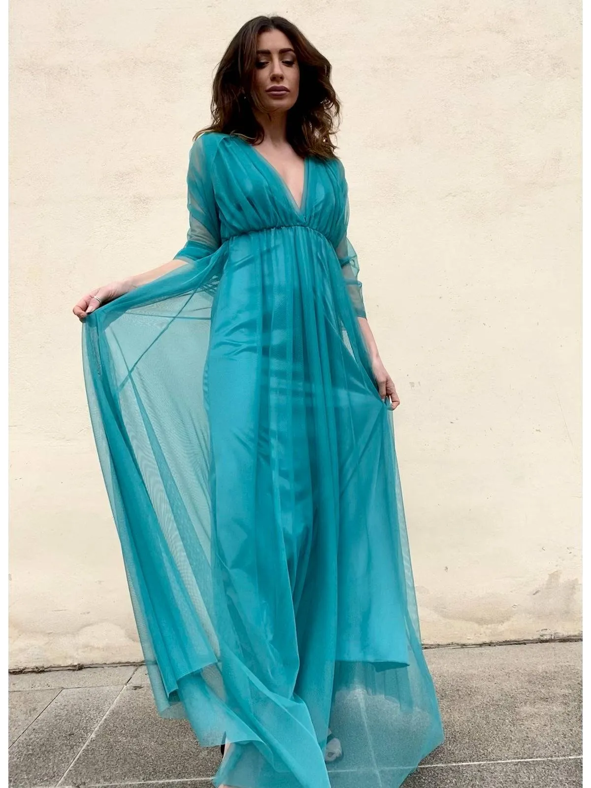 Abito lungo in tulle verde acqua