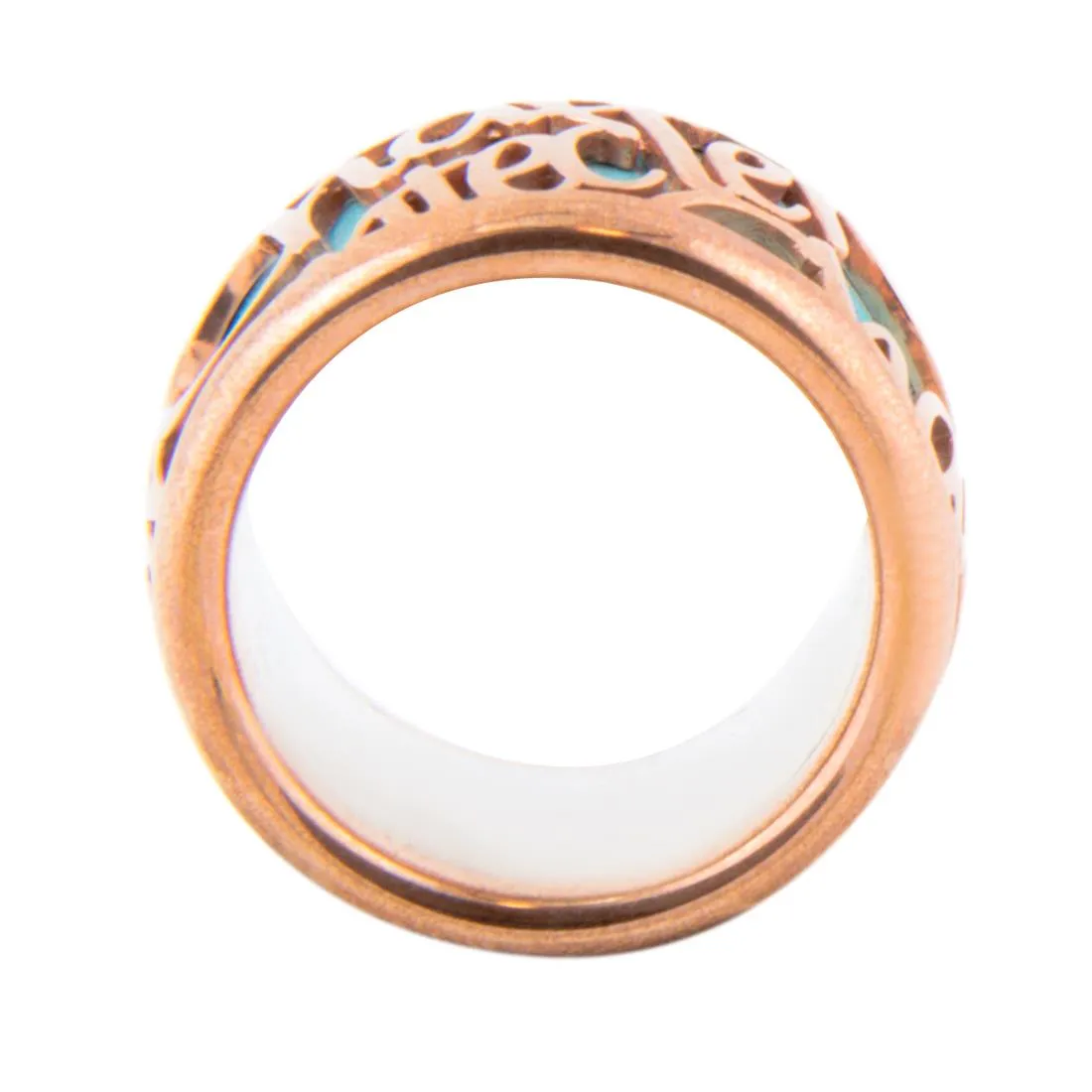 Anello a fascia larga in oro rosa 9KT e smalto azzuro con interno in argento, misura 13