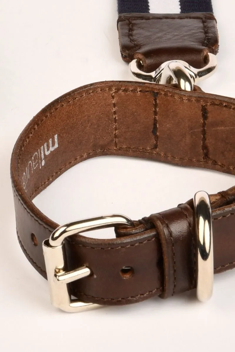 milaura Guinzaglio gros grain a righe blu e bianco con collare in cuoio<BR/>    
