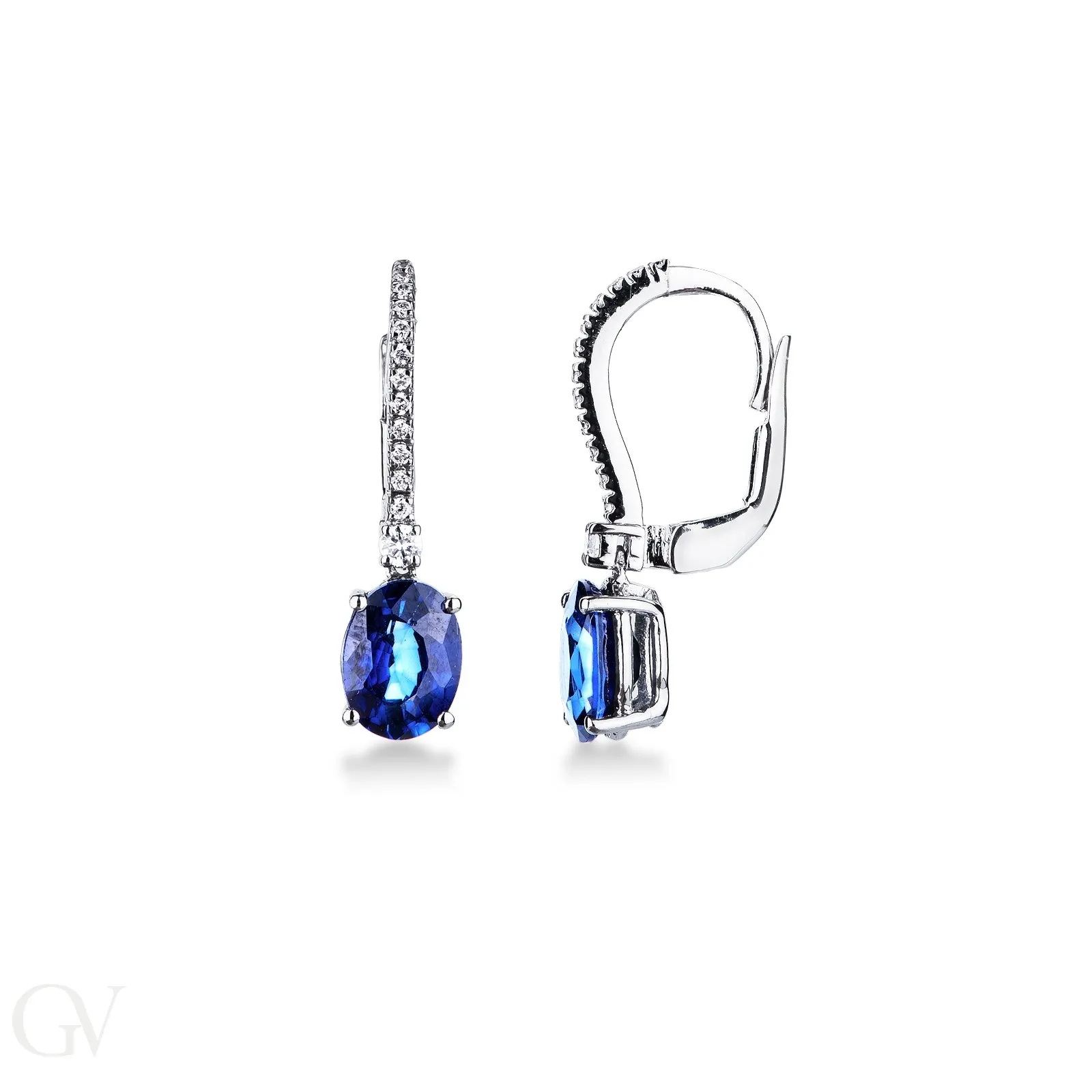 Orecchini in oro bianco 18k a monachella con zaffiri blu e diamanti