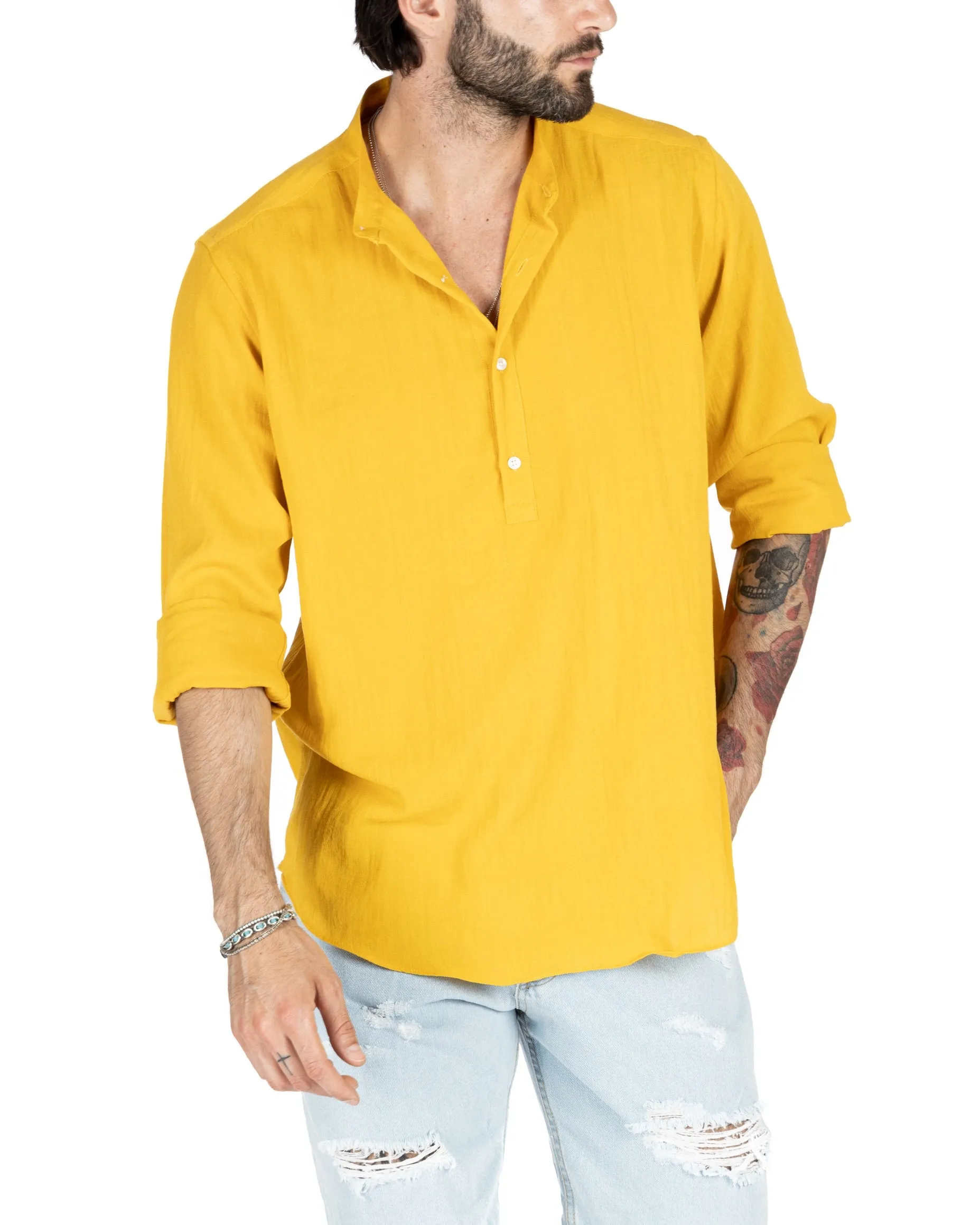 SERAFINO - CAMICIA CINQUE BOTTONI IN LINO GIALLA