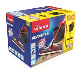 Vileda Revolution Sistema Lavapavimenti con Secchio, Strizzatore e Piastra, con 2 Panni in Microfibra, Nero/Rosso